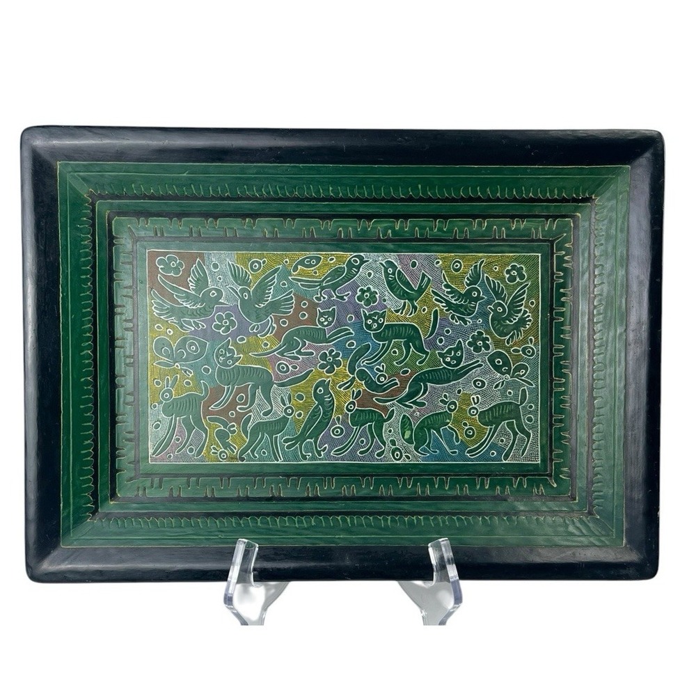 Olinala Mexican Lacquer Wood Tray Green Birds Cats Animals 13.5x9.5" Folk Art